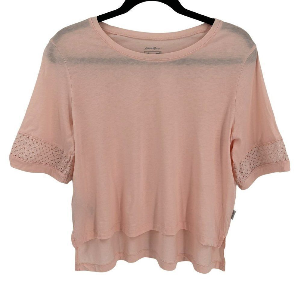 Eddie Bauer Boxy Oversized Hi-Lo Crop Top Soft Pink Women Medium Eyelet Sleeves